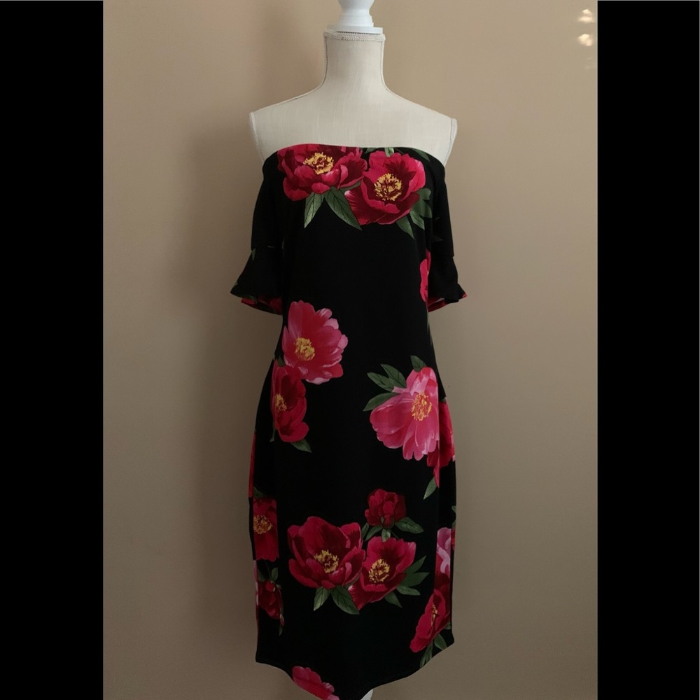 Off Shoulders Midi Black Floral Dress 16 - Picture 2 of 11
